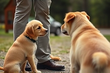 Shy puppy observing friendly dog with owner's support.