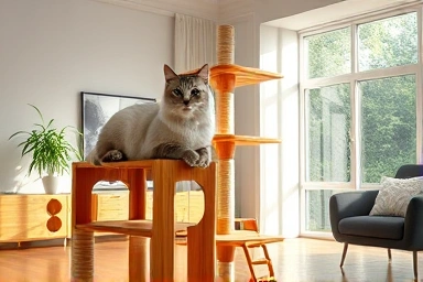 Sturdy solid wood cat tree with a large cat.