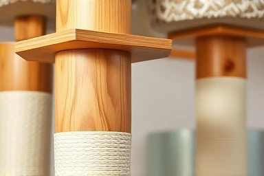 Close-up of durable wooden cat tree joinery and post.