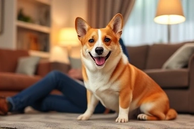 Happy Welsh Corgi with owner, peaceful home environment.