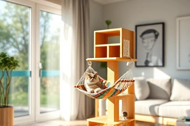 Modern living room with natural wood cat tree and hammock.