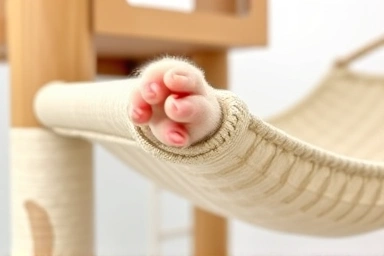 Close-up of natural wood cat tree hammock, showing texture and cat comfort.