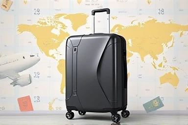Durable 28-inch expandable travel suitcase with travel icons.