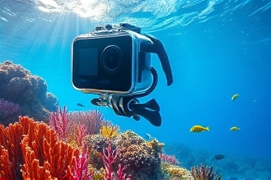 Diver with action camera in waterproof housing exploring coral reef.