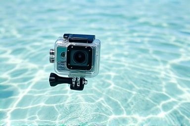 Action camera with waterproof housing on a floating grip on the ocean surface.
