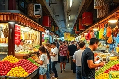 Bustling foreign street market with abundant food and happy people.