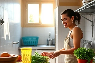 Communal kitchen with fresh ingredients, symbolizing budget travel cooking.