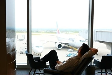 Luxurious airport lounge with a traveler relaxing