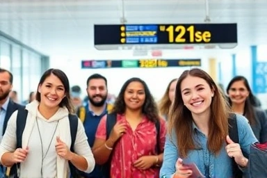 Travelers smiling at automated airport immigration