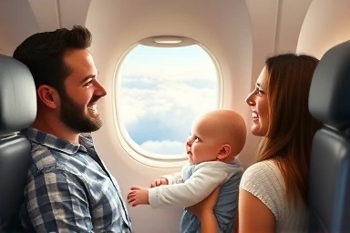 Family traveling with baby on airplane