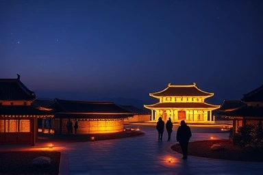 Magical night view of Baekje Cultural Complex illuminated by warm lights.