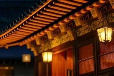 Intricate traditional Korean architecture glowing under soft night lights.