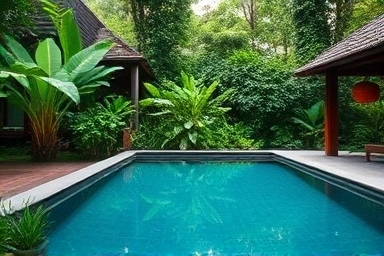 Luxurious private pool villa in Ubud, Bali, surrounded by jungle.
