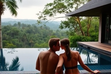 Couple relaxing in a private pool villa, Ubud, Bali jungle view.