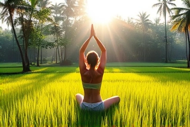Serene yoga in lush Ubud rice fields with soft sunlight.