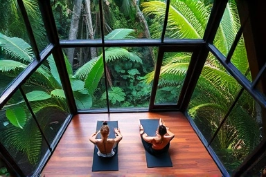 Tranquil Ubud yoga studio surrounded by lush jungle.