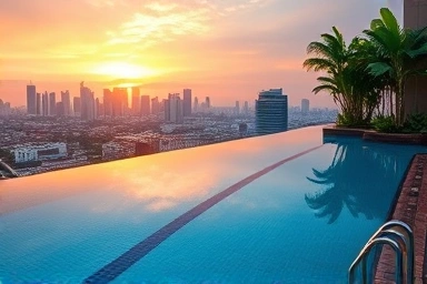 Bangkok luxury hotel infinity pool cityscape sunset