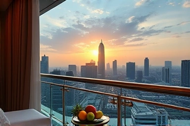 Luxurious Bangkok hotel balcony with skyline view and tropical fruits.