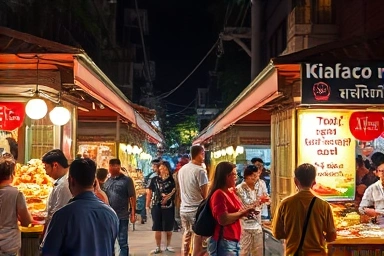 Bustling Bangkok street food market with diverse local dishes.