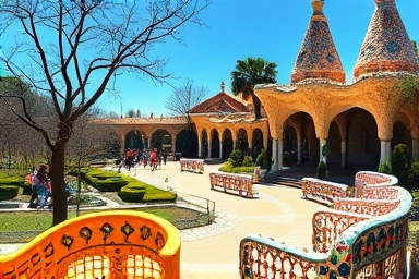Vibrant Park Güell with Gaudí's mosaic art and architecture.