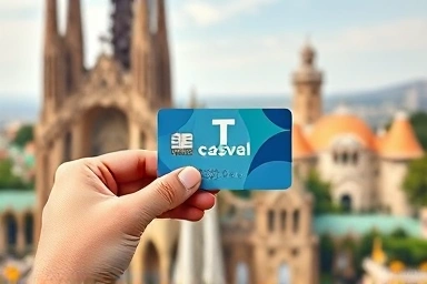 Barcelona T-casual card with city landmark backdrop