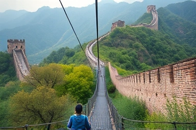 Cable car ascending towards the Great Wall with mountain views