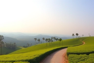 Vast green tea fields under a clear sky