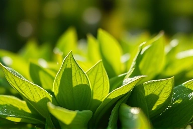 Close-up of fresh green tea leaves with dew