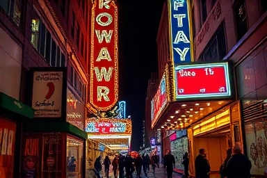 Broadway theater marquees at night, New York City lights