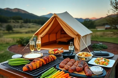 Abundant BBQ spread at a scenic glamping site