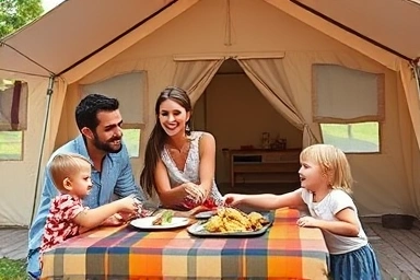Family enjoying a delicious BBQ at a glamping resort