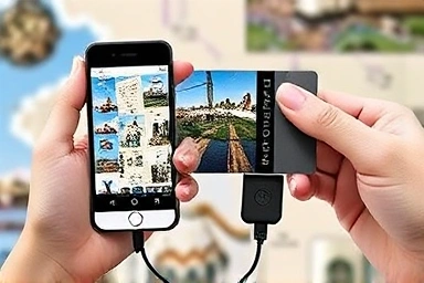Smartphone displaying travel photos transferred via USB-C SD reader.
