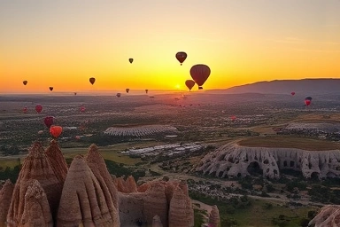 Cappadocia sunrise hot air balloon panorama