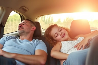 Family napping peacefully in car during road trip, cozy atmosphere
