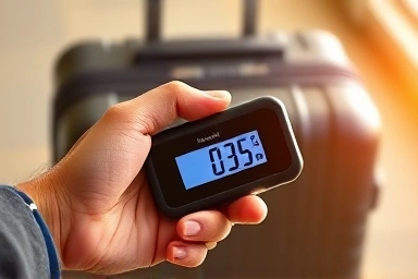Portable luggage scale weighing a suitcase.