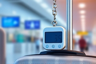 Digital luggage scale attached to a travel bag.