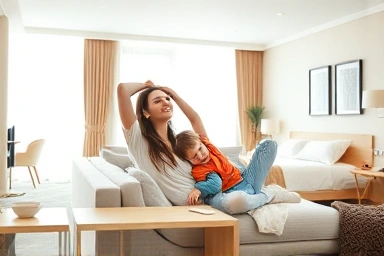 Spacious family suite room with separate living and sleeping areas.