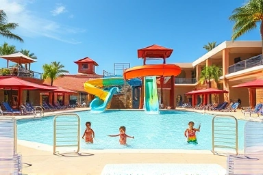 Exciting resort water park with happy families enjoying the pools.