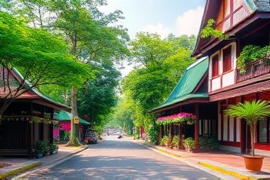 Vibrant Chiang Mai street with traditional Thai architecture and greenery.