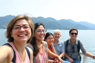 Travelers enjoying Chungju Lake cruise, scenic views