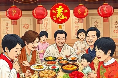 Happy Korean family celebrating Chuseok with food