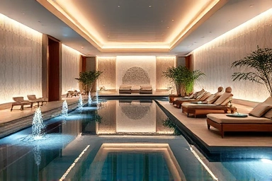 Luxurious spa interior with water features and soft lighting.