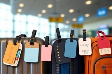 Variety of stylish custom luggage tags on travel bags.