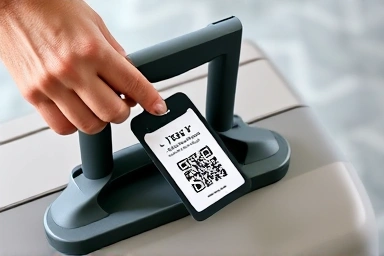 Attaching a personalized QR code luggage tag to a suitcase.