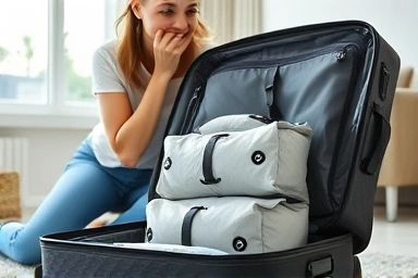 Woman packing suitcase with compression packs for travel