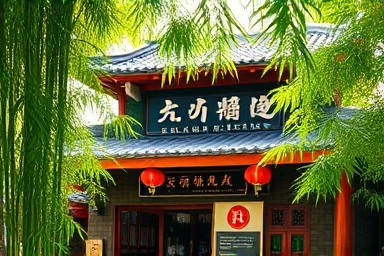 Traditional Korean restaurant with bamboo forest backdrop.