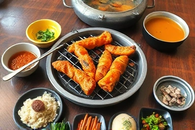 Delicious Korean tteokgalbi meal with fresh side dishes.