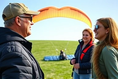Paragliding instructor briefing tourists, emphasizing safety and fun.