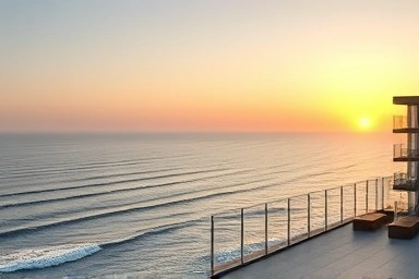 Sunrise over East Sea coast with modern hotel balcony overlooking ocean