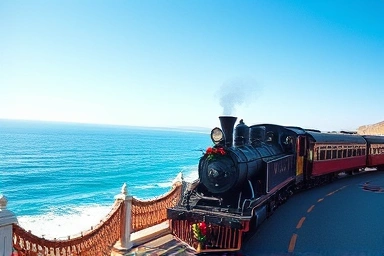 Festive Santa train journeying along a scenic ocean coast.